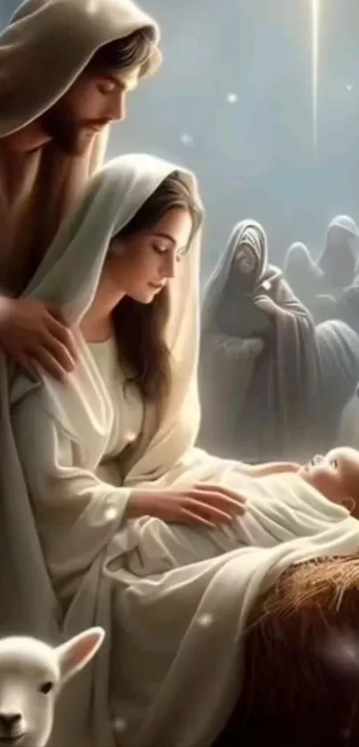 Nativity scene with holy family and baby Jesus in manger.