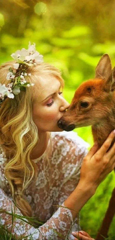 Woman kisses deer in tranquil forest setting wallpaper.