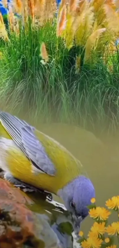 Colorful bird drinking by serene grassy waterway.