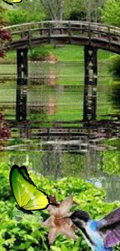 Nature-themed wallpaper with bridge and butterflies.