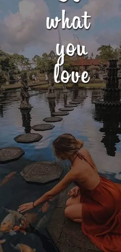 Woman in rust dress near water with inspirational quote.