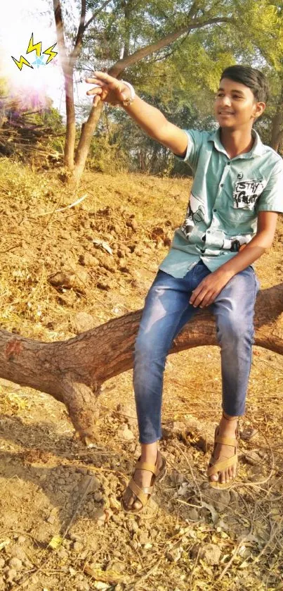 Young person enjoying nature on fallen log in sunlit forest.