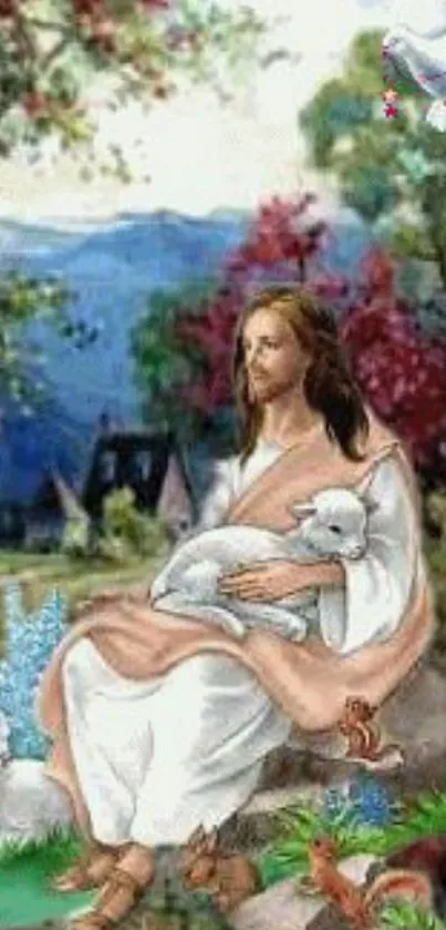 Spiritual figure with sheep and dove in a peaceful nature scene wallpaper.