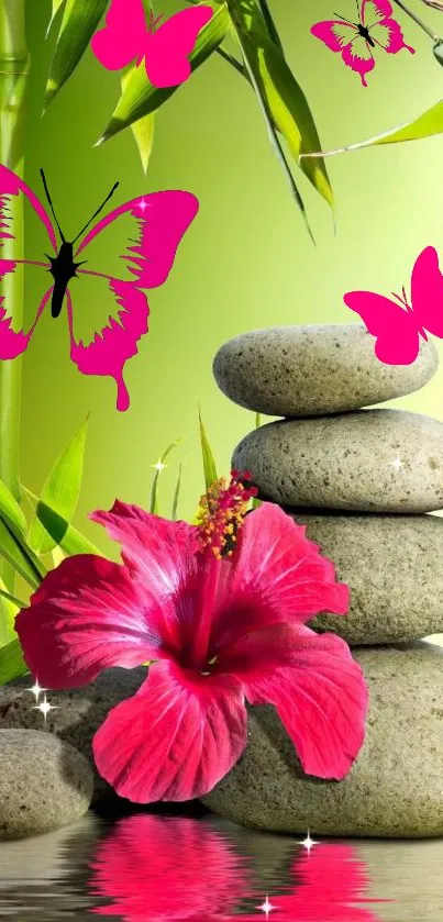 Phone wallpaper with rocks, pink butterflies, and flowers in a lush green setting.