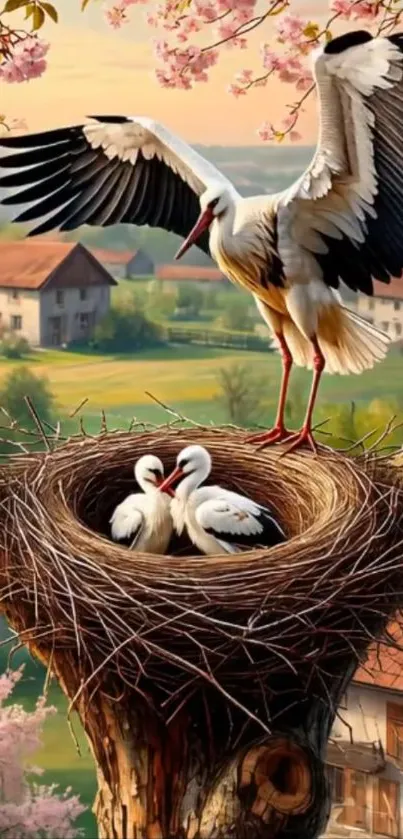 Storks nesting in a tree with a spring countryside background.