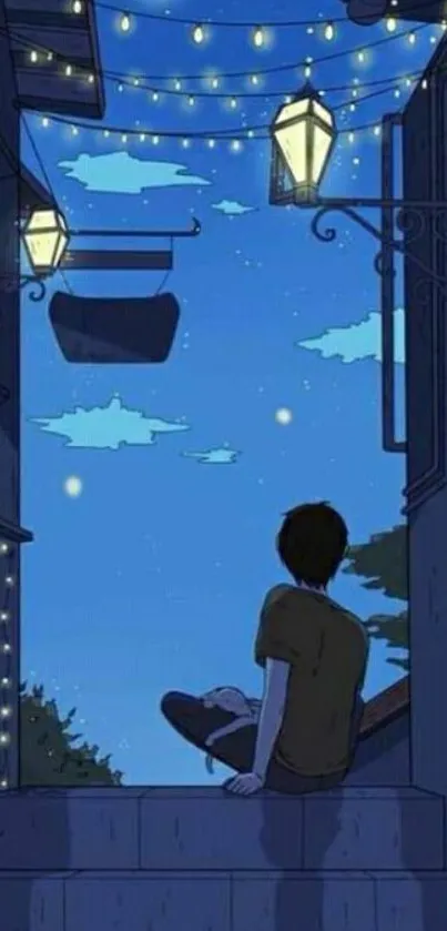 A serene night sky wallpaper featuring a boy on steps under a starry, moonlit sky.