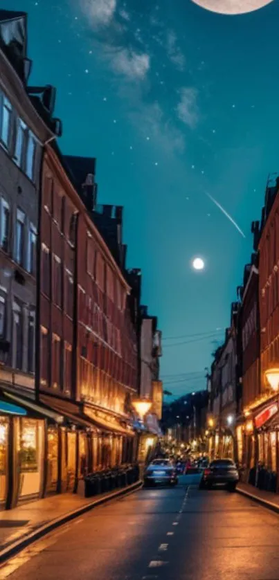 Night view of a quiet street with glowing streetlights and a clear starry sky.