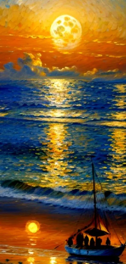 Sailboat on ocean at sunset with vibrant, impressionistic colors.