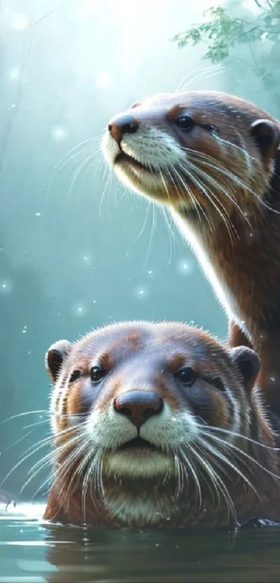 Two otters relax in a misty forest river setting for mobile wallpaper.