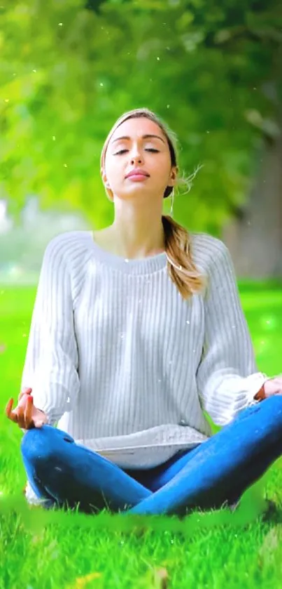 Woman meditating peacefully outdoors in lush green surroundings.