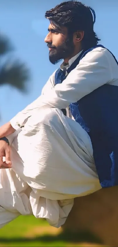 Man in traditional attire reflecting outdoors in nature.