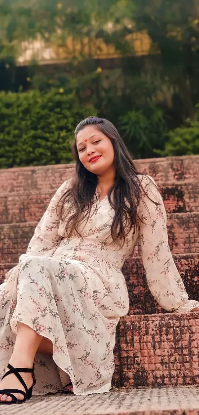 Woman in floral dress sits on rustic steps surrounded by greenery.