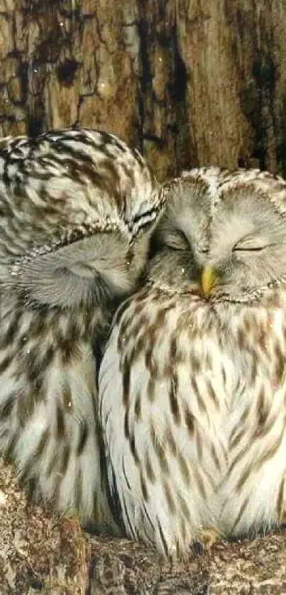 Two peaceful owls nestled in a tree, creating a serene mobile phone wallpaper.