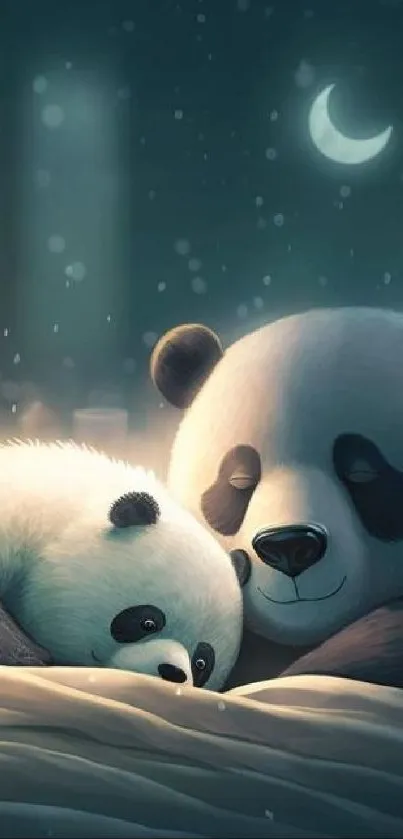 Adorable pandas snuggling under moonlight, creating a peaceful night ambiance.