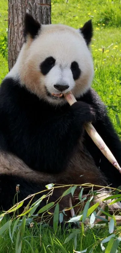 Panda eating bamboo on lush green grass.