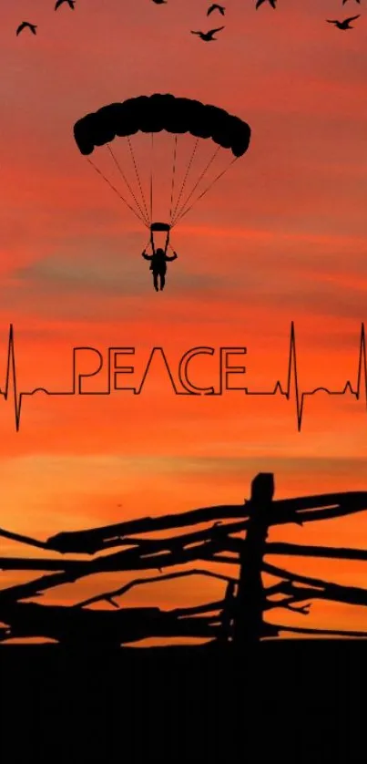 Parachuter silhouette at vibrant sunset with heartbeat and 'Peace' text.