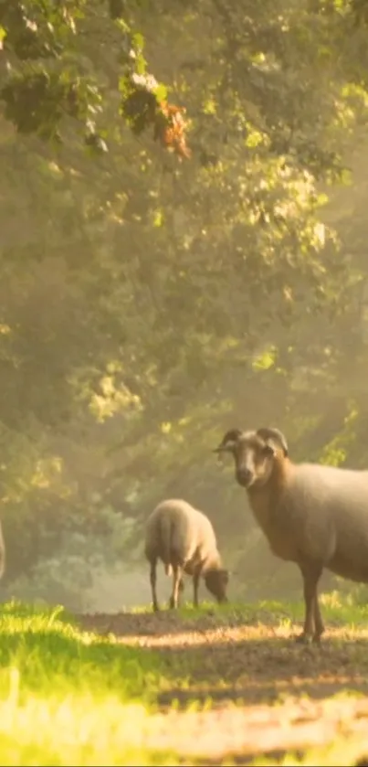 Serene view of sheep grazing in a sunlit forest path, capturing peaceful nature.