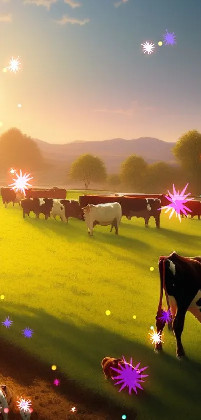 Cows grazing in a lush green field at sunrise with hills in the background.