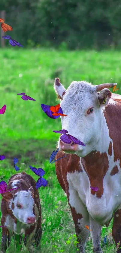 Cow and calf standing in a lush green field.