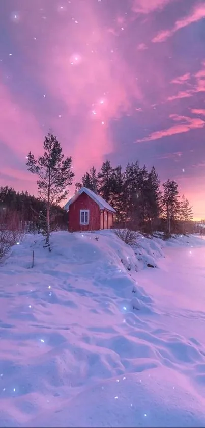 Snow-covered cabin under a pink sunset in a peaceful winter landscape.