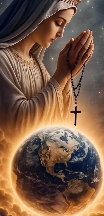 Woman praying above the glowing Earth, surrounded by clouds.