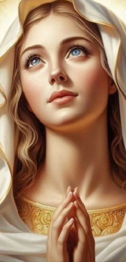 Artistic depiction of a serene woman praying, with soft and warm colors.