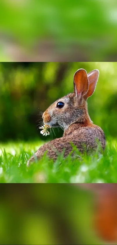 Rabbit peacefully sitting in lush green grass, perfect for nature-themed wallpaper.