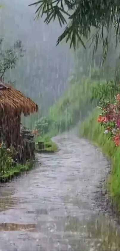 Serene forest pathway with cottage on a rainy day.