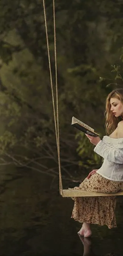 Woman reading on a swing by a tranquil lake.