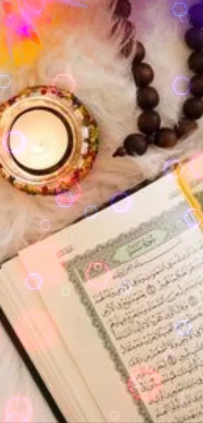 Serene mobile wallpaper with book and candle on fluffy background.
