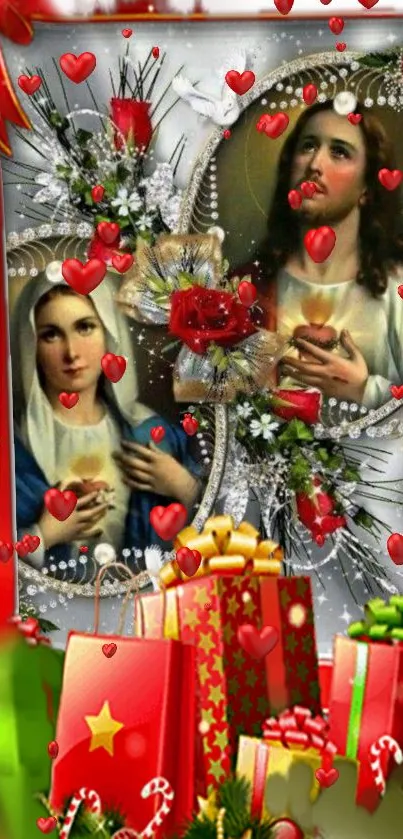 Festive religious Christmas wallpaper with iconic figures and vibrant hearts.