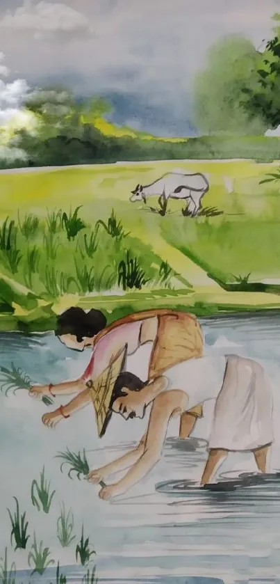 Watercolor of farmers in a tranquil rice field with lush greenery.