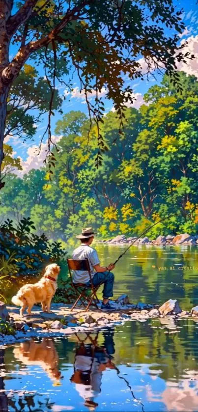 A person and dog fishing by a tranquil river surrounded by lush trees.