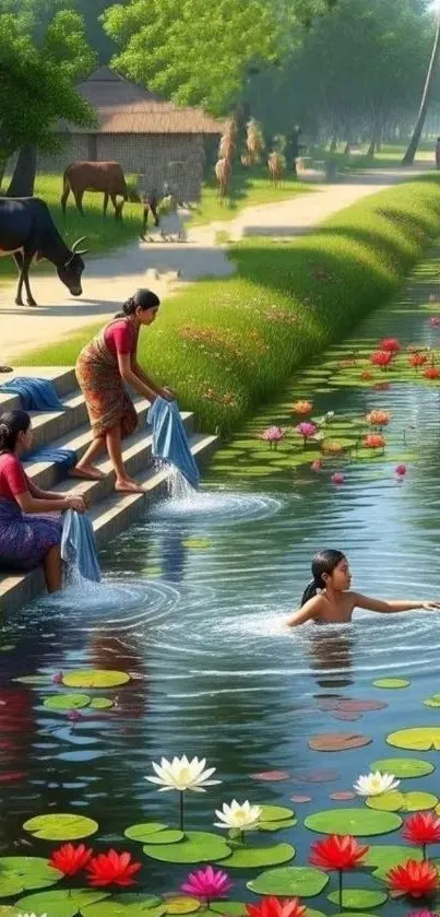 Women washing clothes by a lotus-filled river in a peaceful village setting.