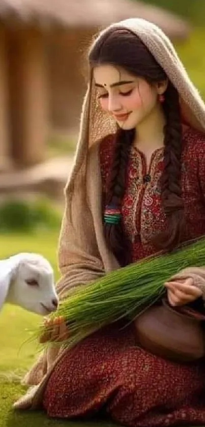 Woman in traditional dress with lamb in rural setting.