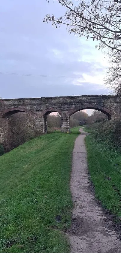 Rustic stone bridge over lush green path in serene nature setting.