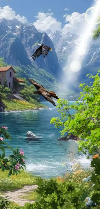 Scenic wallpaper with mountains, lake, and eagles in flight.