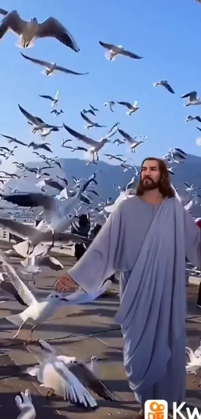 A serene scene of a person with seagulls against a bright, clear sky.