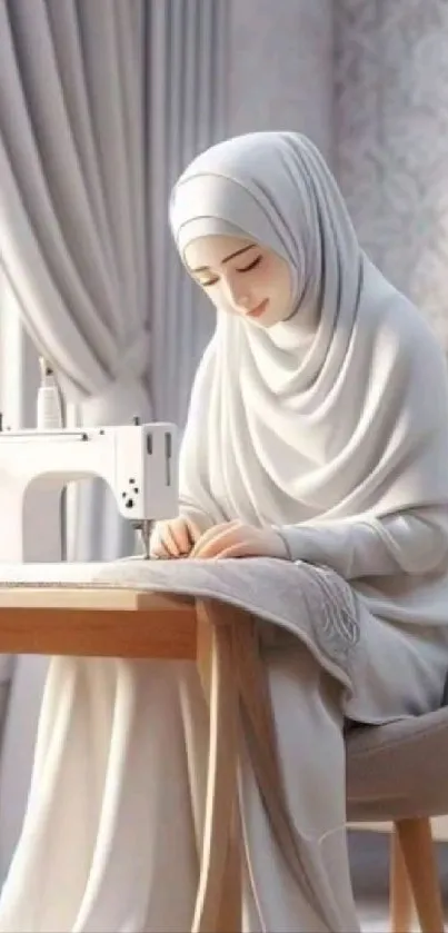 Peaceful woman sewing beside a window, serene art.