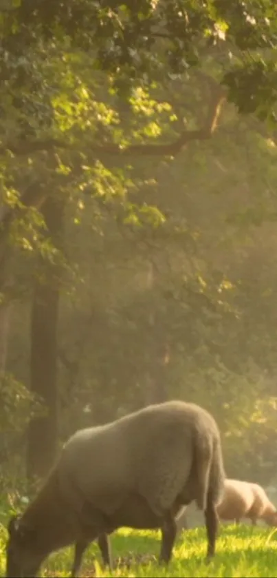 Grazing sheep in a tranquil forest glade with sunlit surroundings.