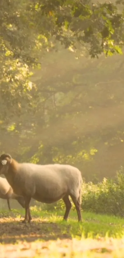 Sheep grazing peacefully in a sunlit forest.