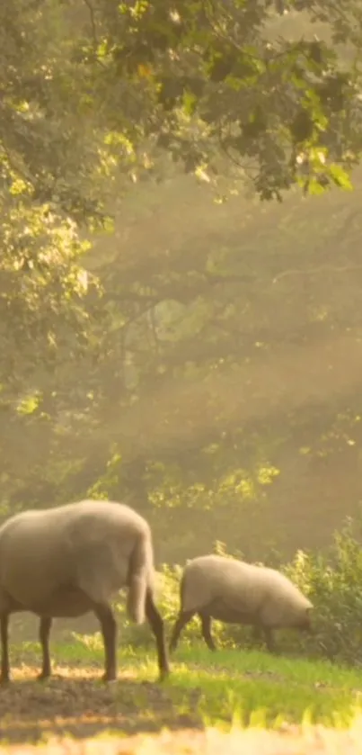 Sheep grazing peacefully in a sunlit, golden forest landscape.