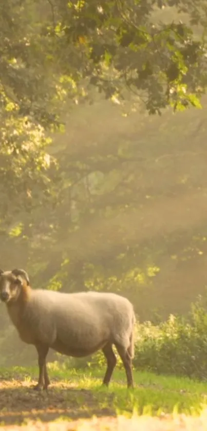 Tranquil sheep on a sunlit path amidst lush greenery.