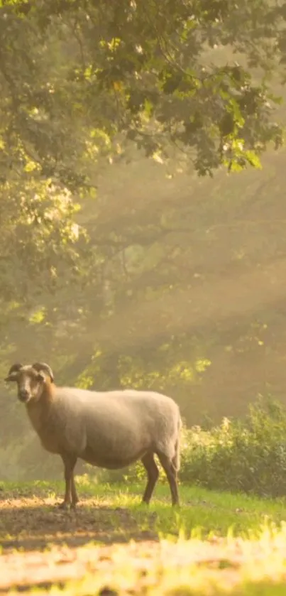 Sheep standing on a sunlit forest path surrounded by greenery.