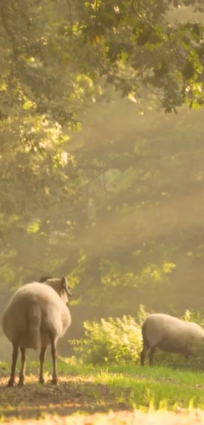 Serene forest scene with sheep under morning sunlight.