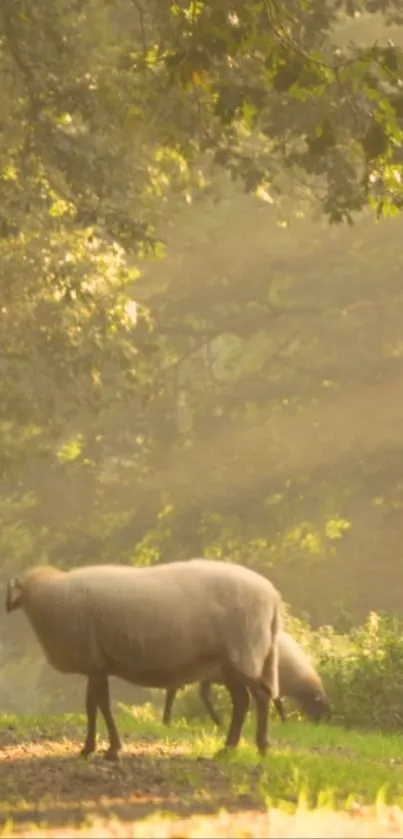 Peaceful sheep grazing in sunlit forest with lush greenery and sunlight.