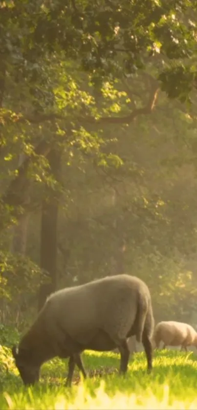 Sheep grazing in a sunlit green forest clearing.