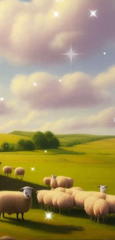 Serene landscape with fluffy sheep on lush green hills under a pastel sky.