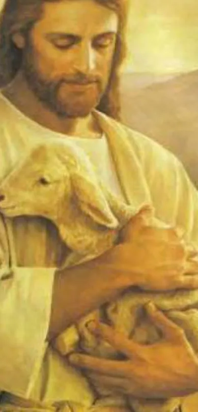 Shepherd gently holding a lamb in warm tones, evokes peace.