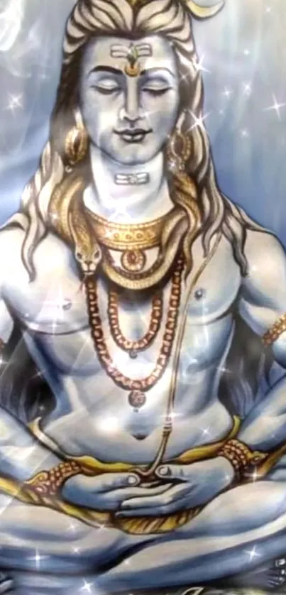 Shiva meditating with ethereal lighting and blue tones.